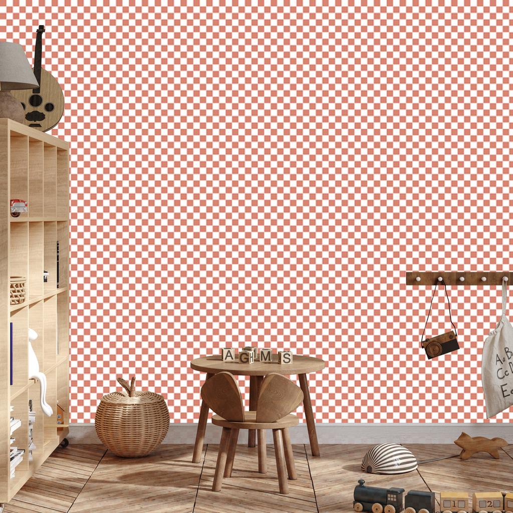 Checkerboard Wallpaper, Coral Top, Coral Bottom, for Living Room and Bedroom, 50x1000