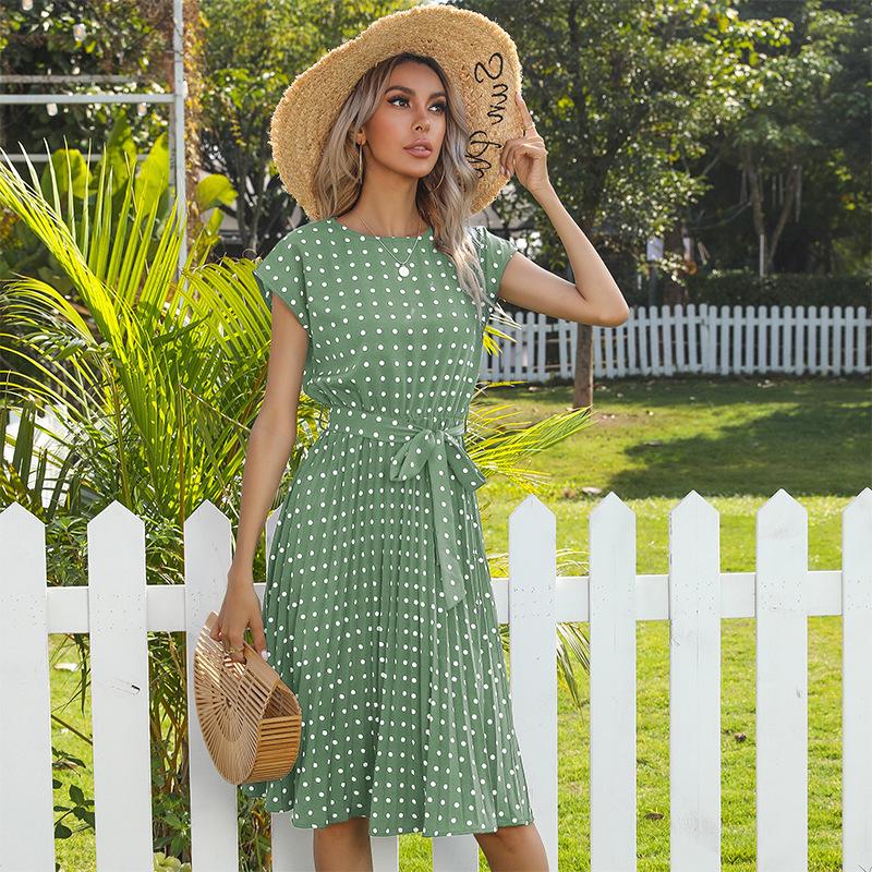 2026 Summer Polka Dot Pleated Lace-up Dress - Mid-length Casual Short-sleeved Style for European and American Markets
