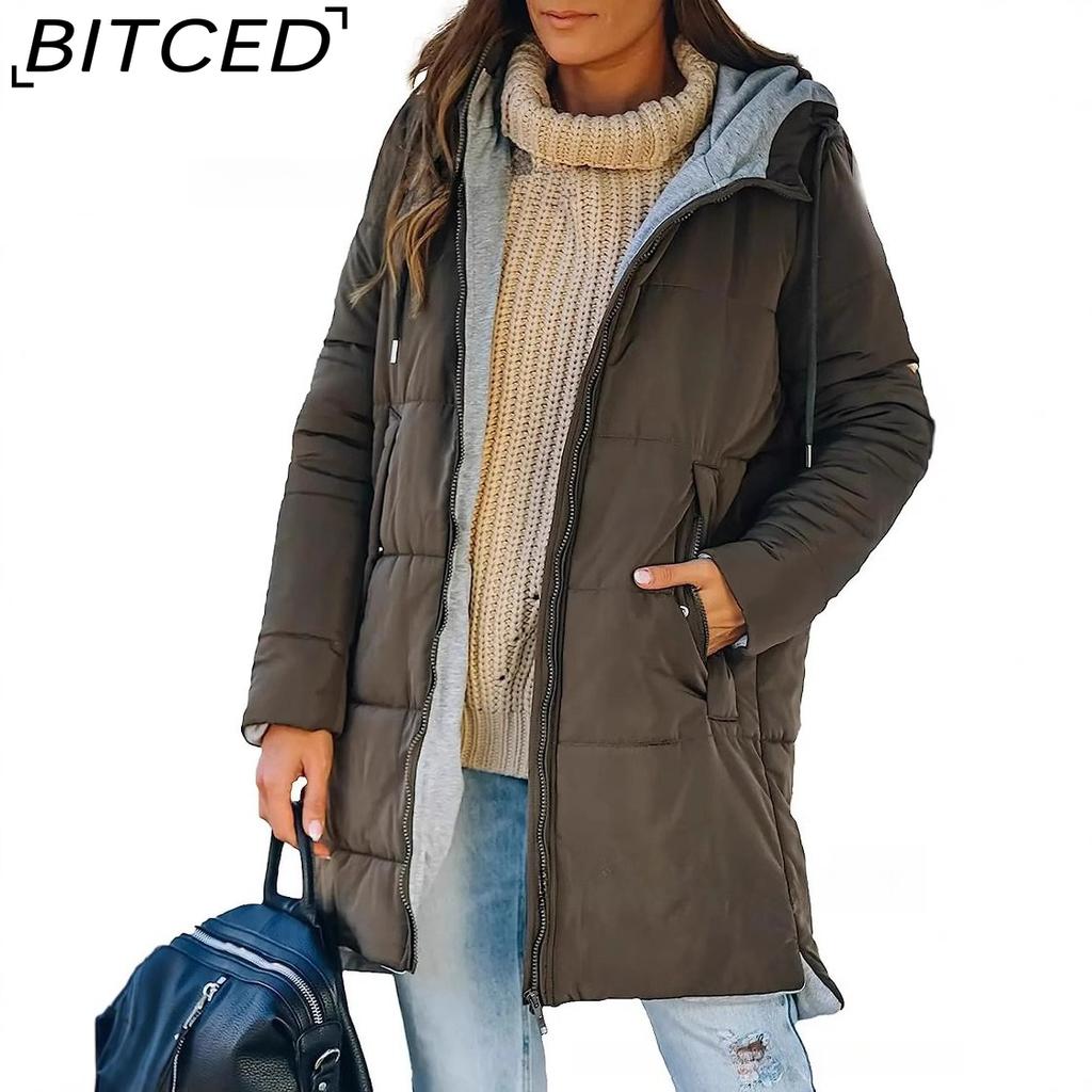 BITCED Autumn/Winter Hooded Solid-Colour Cotton Coat Long-Sleeved Slim-Fit Pocketed Longline Jacket