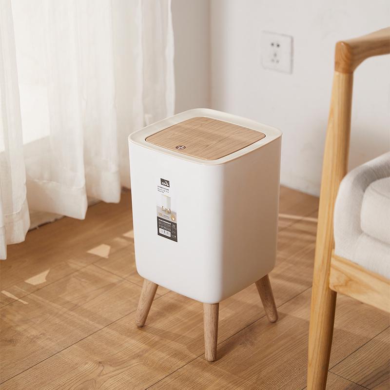 Elevated Wood-Grain Trash Can with Push-Button Lid - Japanese-Style for Living Room or Bedroom