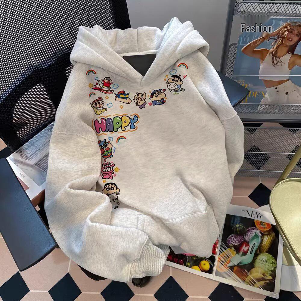 Fleece-Lined Shin-chan Cartoon Hoodie - Casual Couple Outfit for Autumn and Winter