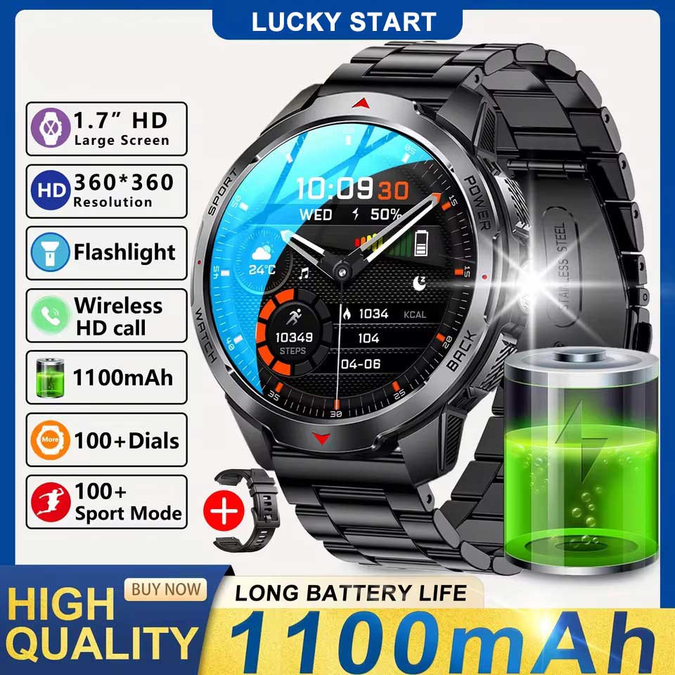 2025 New 1.7-inch Smart Watch Men 1100mAh High-Capacity Battery LED Torch & Compass 3ATM & IP68 Bluetooth Call Sports Smartwatch