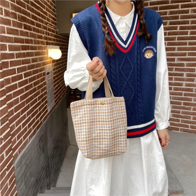 81 woolen plaid bento bag tote bag fresh women walking lunch box small carry bag