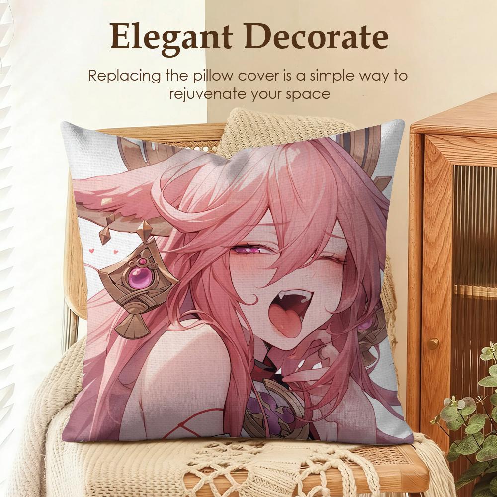 Yae Miko Genshin Impact Cushion Cover Natural Linen Organic Fabric DoubleSided Printing Sofa Home Decor Gift Pillow Case