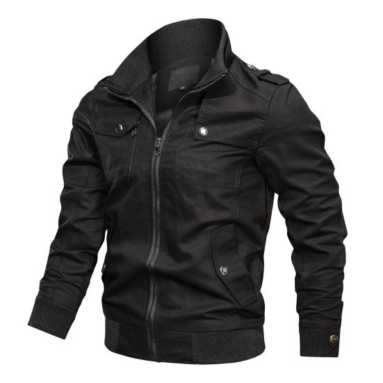 Autumn Winter Men Stand Collar Long Sleeve Jacket Multi Pockets Elastic Hem Zipper Placket Windbreaker Jacket Coat