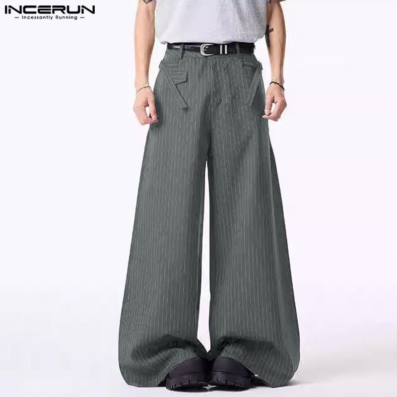 INCERUN Men Casual Zipper Waist Striped Wide Legs Pants Long Trousers