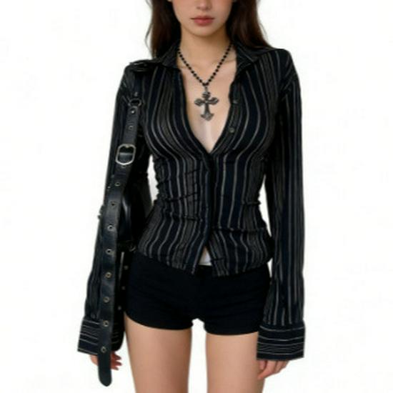 French Style Slim Fit Striped Long Sleeve Shirt