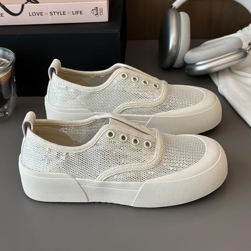 

Детские парусиновые туфли на толстой подошве из дышащей сетки с пайетками, новая универсальная спортивно-повседневная обувь 2025 года, сетчатые туфли на одной педали, белые туфли 35 белый