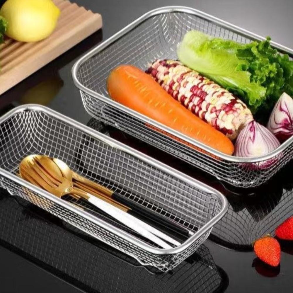 Stainless Steel Mesh Drain Basket Mesh Filtering Anti-rust Vegetable Washing Basin Rectangle Thickened