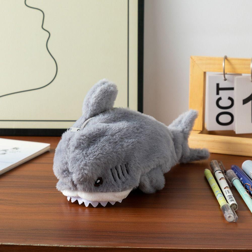 Big Shark Cartoon Pencil Bag Open Mouth Fluffy Pencil Bag Plush Pencil Bag  Stationery