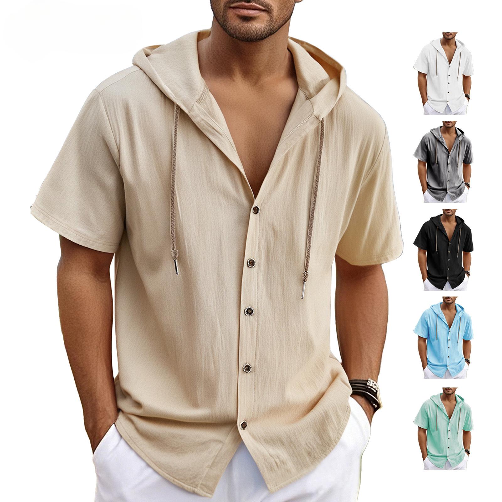 

Men s Cotton Linen Shirts Short Sleeve Hooded Cardigan T-shirt Men s Blouse Summer Autumn Sweatshirts Hawaiian Beach Shirts 3XL зелений