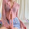 Women's V-Neck Spicy Girl Lace-Up Flare Sleeve Cardigan Crop Top with See-Through Long Sleeves