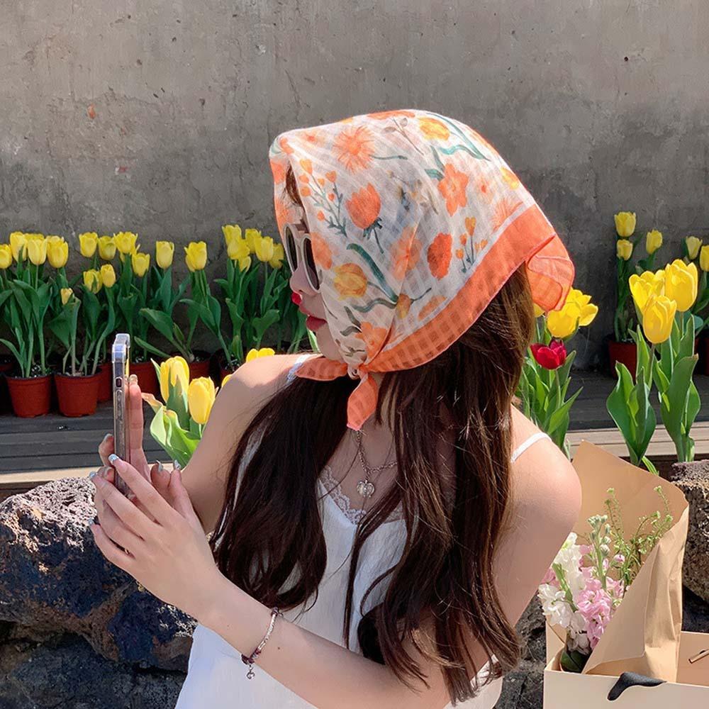 Sweat-absorption Spring Silk Scarf Breathable Scarves Flower Printed Headscarf Vacation