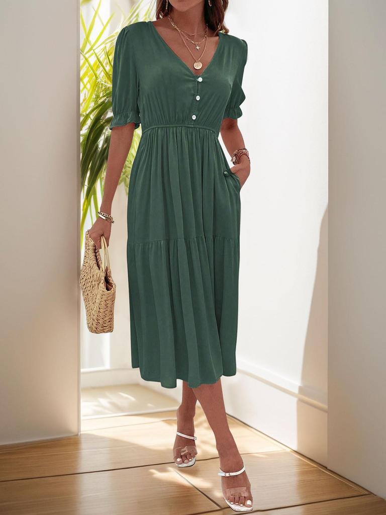 2025 European & American Summer Women's V-neck Solid Color Waist-cinching Dress