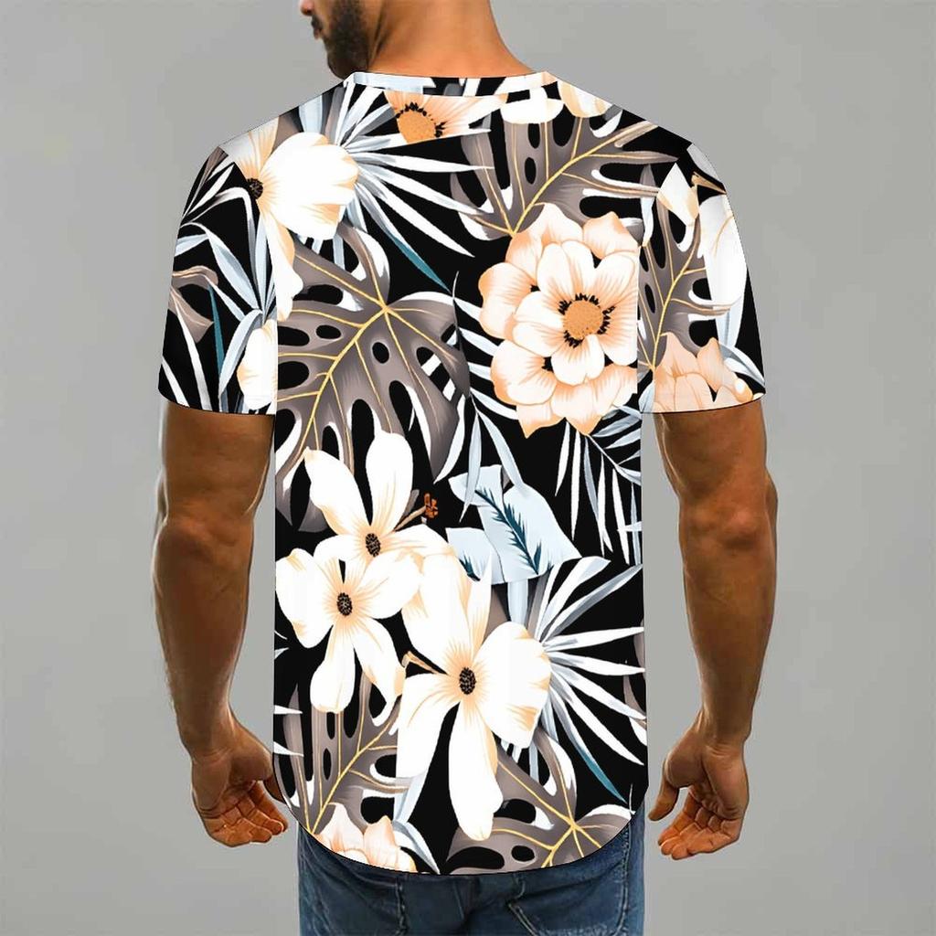 Women Short Sleeve Crew Neck T Shirt Black White Tropical Palm Leaf All Over Print Top