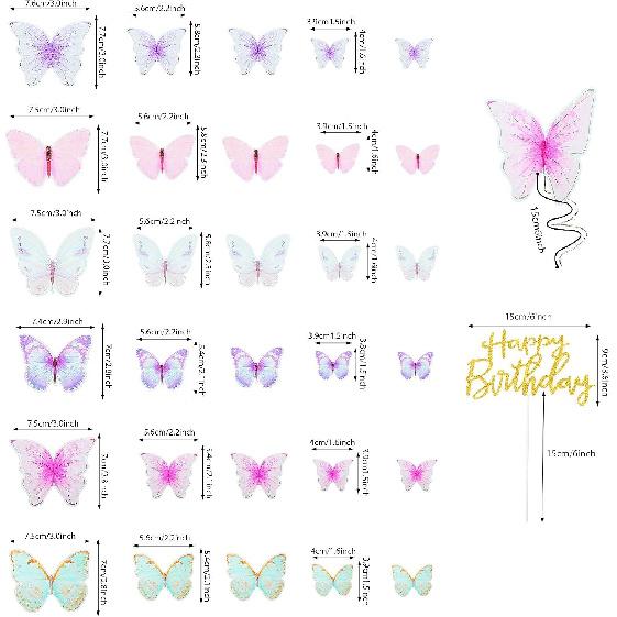 Zonon 60 Pcs Butterfly Cake Toppers with Happy Birthday Cake Topper, 3D Butterfly Topper Mixed Size Color Party Decors for Birthday Wedding