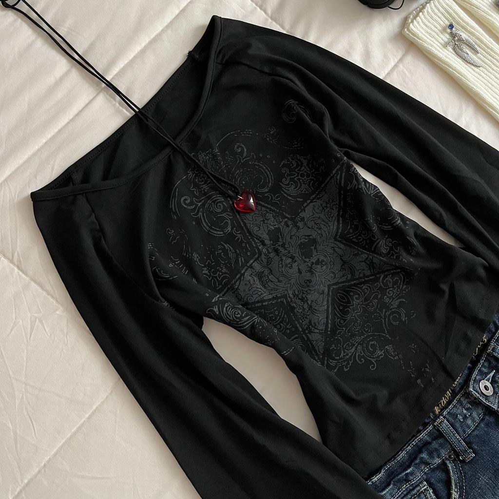 Y2K Grunge Emo Muster Oberteil Geeignet für Herbst E-Girls Millennium Stil Damen Ästhetik Gothic Bedrucktes Lockeres Langarm-T-Shirt