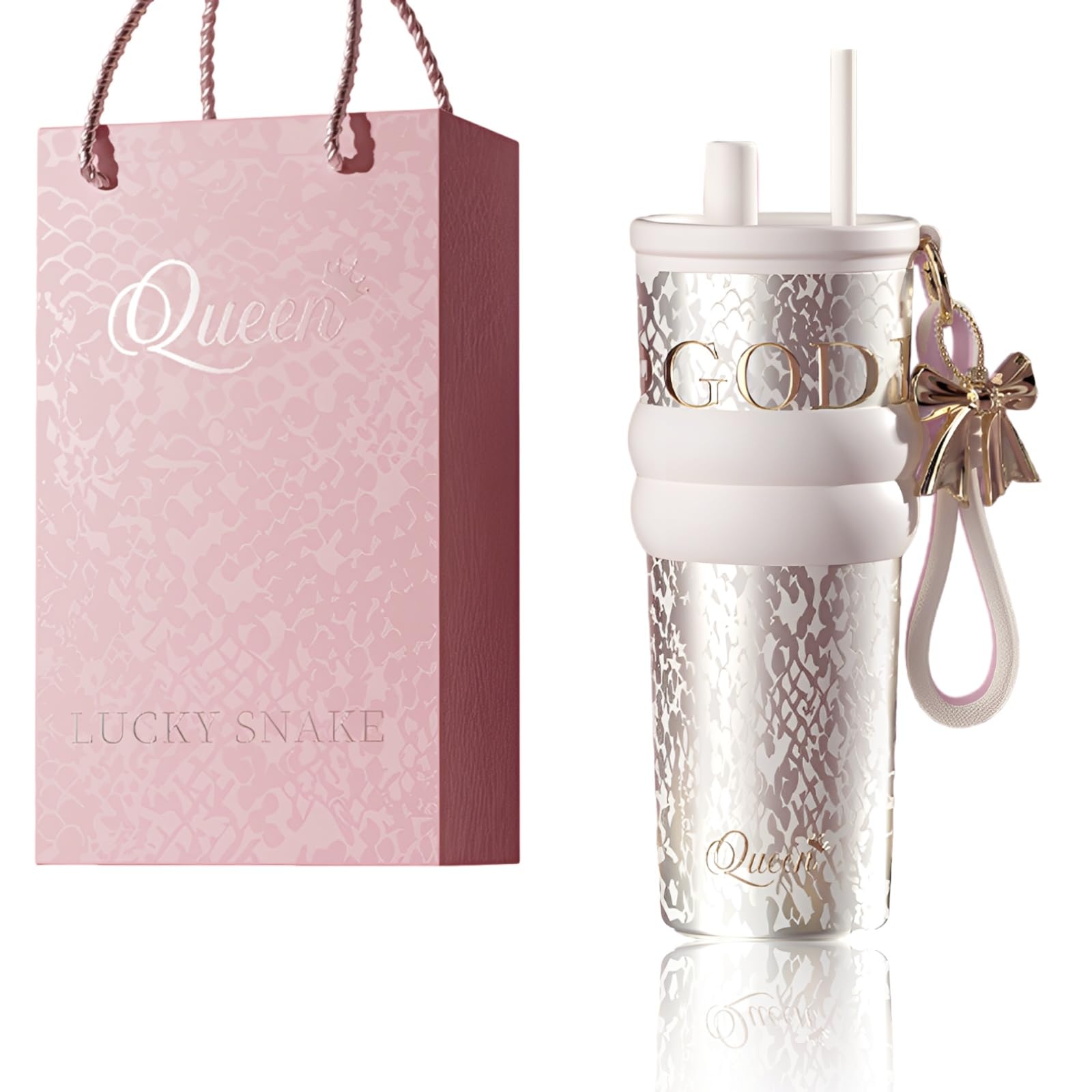 

Khers Ceramic Coated Tumbler, 710ml, with Straw, Cute Ceramic (White)