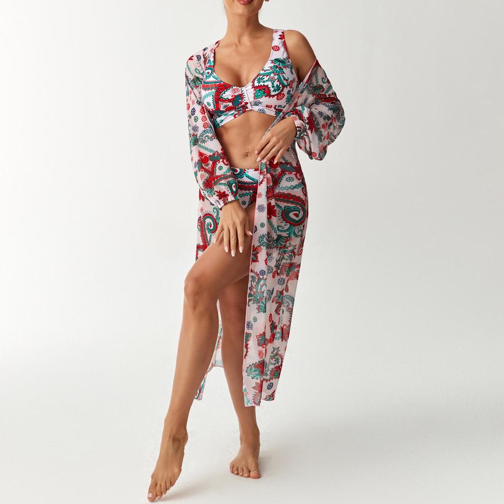 Bikini a tre pezzi a vita alta Euro-Americano Cross-Border 2026 con Copricostume Protezione Solare