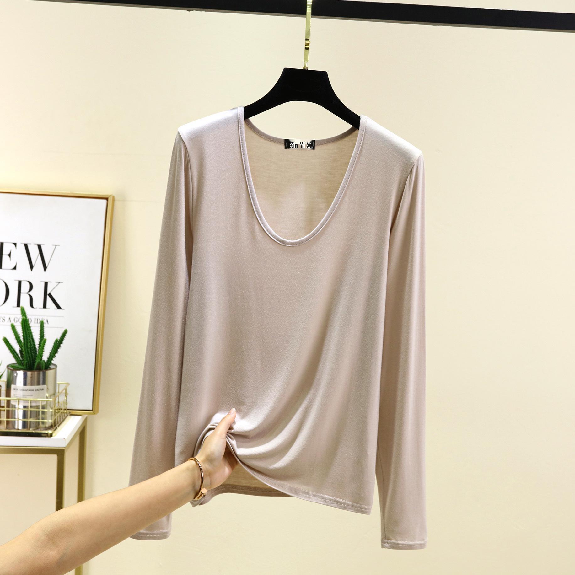 

Модальная футболка с овальным вырезом, длинным рукавом и приталенного кроя - Женский стильный топ на весну/осень L грязно-белый