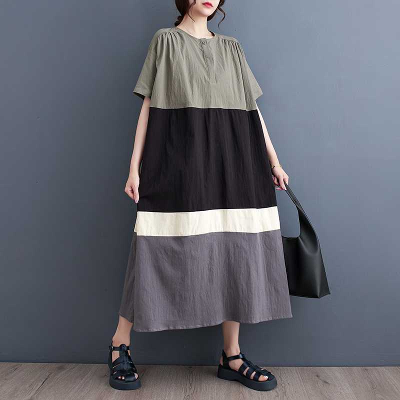 Summer New Style Korean-style Loose Large-Sized Patchwork Casual Simple Sweet Shirt Dress