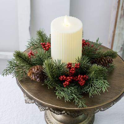 Artificial Flower Candle Wreath Romantic 25CM Candle Rings Red Fruit Pine Needle Candlestick Wreath Christmas Decor