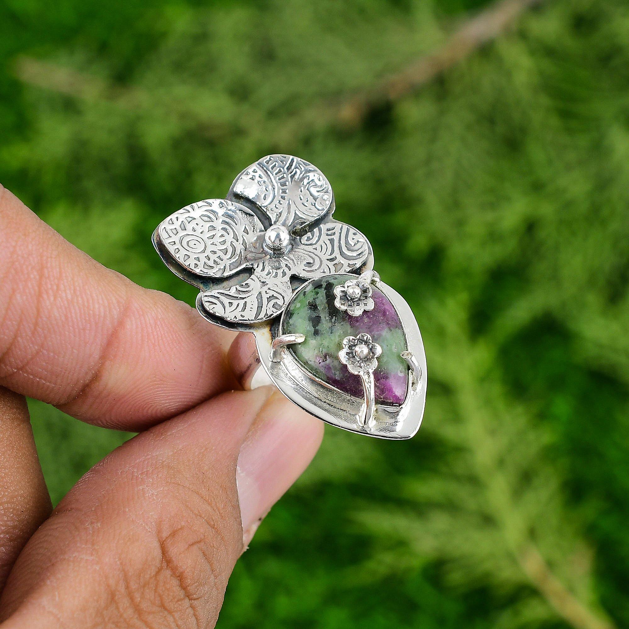 

Thanks Giving Day Sale 925 Sterling Silver Pear Ruby Zoisite Gemstone Bezel Ring Adjustable