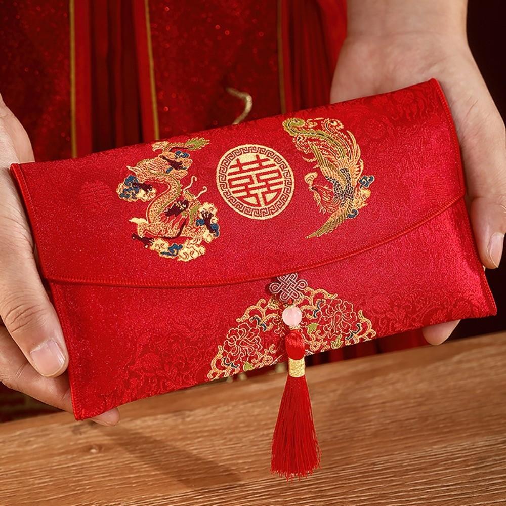 Multiple Patterns Wedding Red Packet Tassel Design Best Wishes Brocade Red Envelope HongBao Embroidery New Year's Blessing Bag