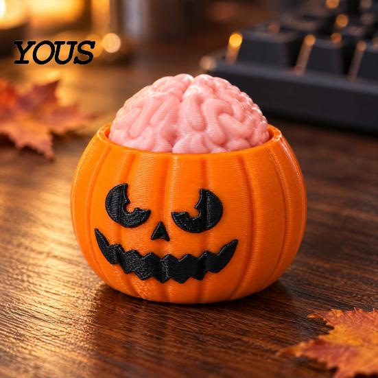 Desktop Plaything Halloween Pumpkin Stress Relief Toy, 3D Printed Sensory Fidget Realistic Gift for Friends Soft Rebound Brain Shape Squeeze