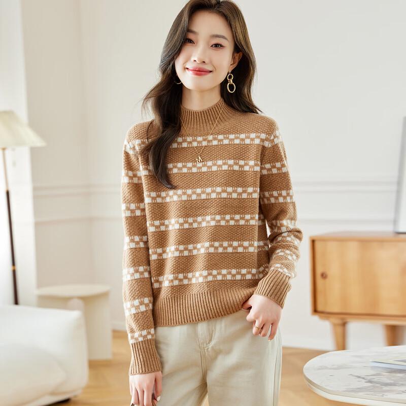 

Women s Striped 100% Wool Semi-High Neck Sweater L
