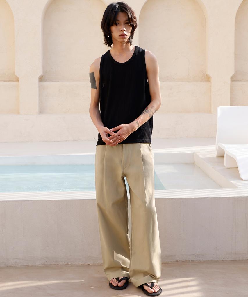 SIGNATURE One-Pleat Wide Cotton Pants [Beige]