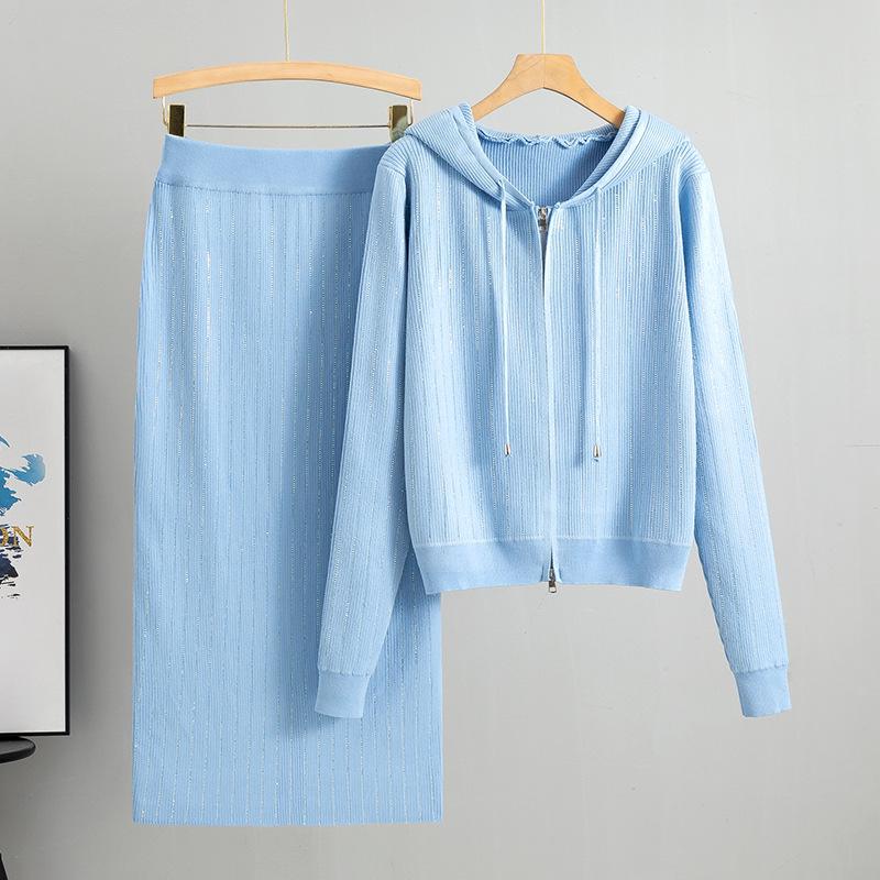 Elegant Korean Rhinestone Knit Cardigan & Skirt Set - Women's Spring/Autumn Two-Piece