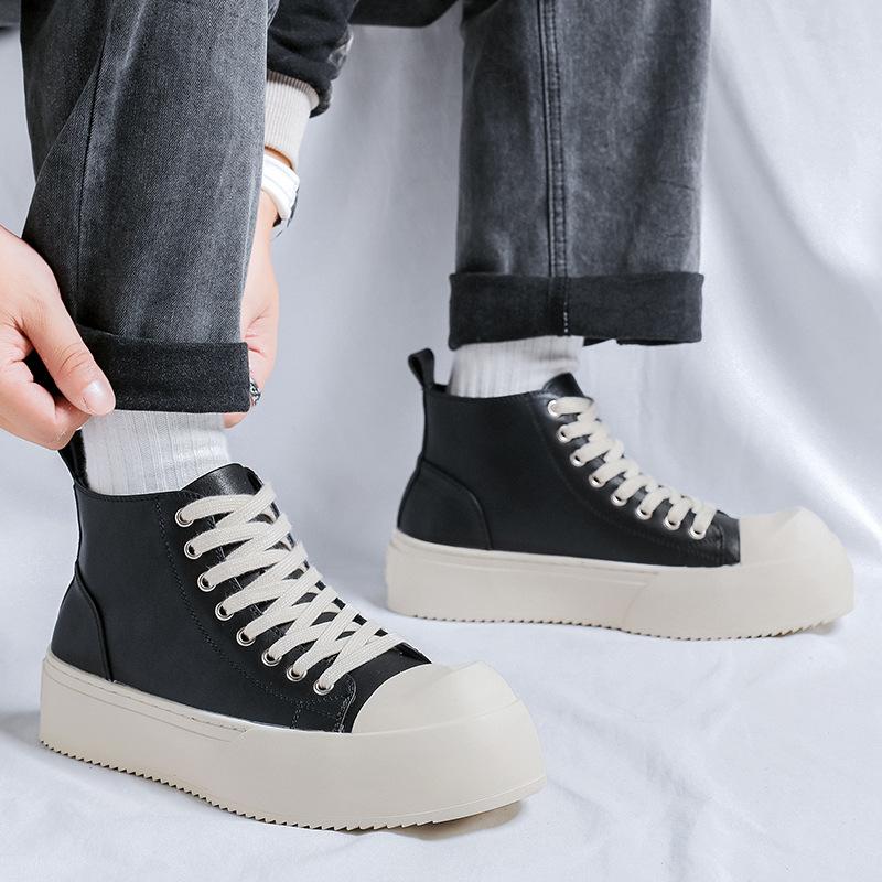 Herren Freizeitschuhe im koreanischen Stil, flache Plateaustiefel zum Schnüren, Original-Lederschuhe, Cowboy-Herbst-Winterstiefel, Street-Knöchelstiefel für Herren