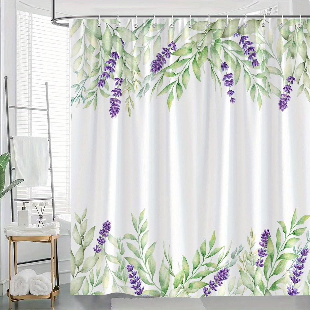 1 Elegant Floral Bathroom Decor with Watercolor Green Leaves and Purple Lavender Flowers, Machine Washable Polyester Fabric