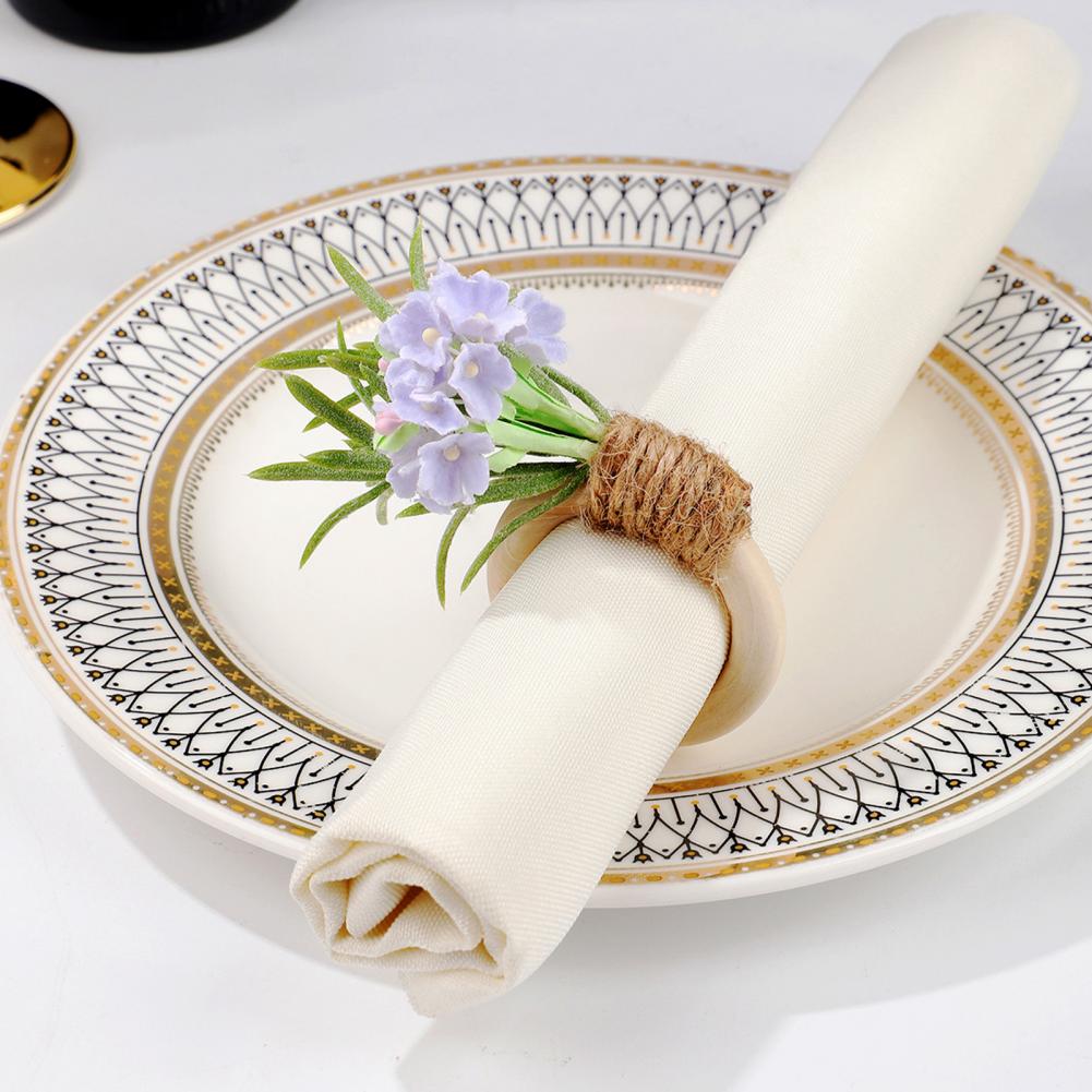 Floral Napkin Rings Artificial Rosemary Napkin Rings Farmhouse Wooden Napkin Holders Rustic Faux Flower Rings for Wedding Dining