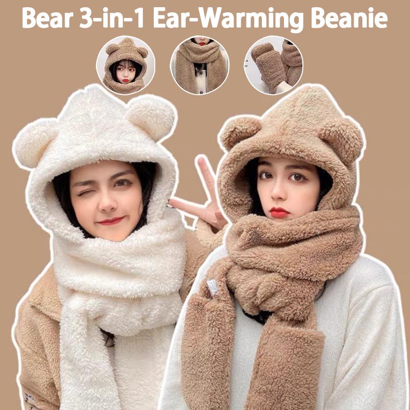 Cute Bear Ear Hat Scarf Gloves Set Thicken Women Beanies Caps Winter Warm Windproof Ear Protection Hat