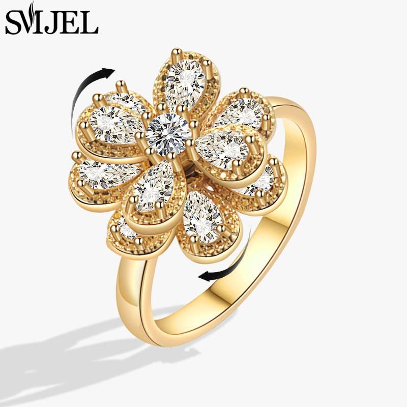SMJEL Luxury Crystal Anxiety Relief Spinning Fidget Rings for Women Cute Sakura Daisy Rose Flower Rotating Ring Anti Stress Gift