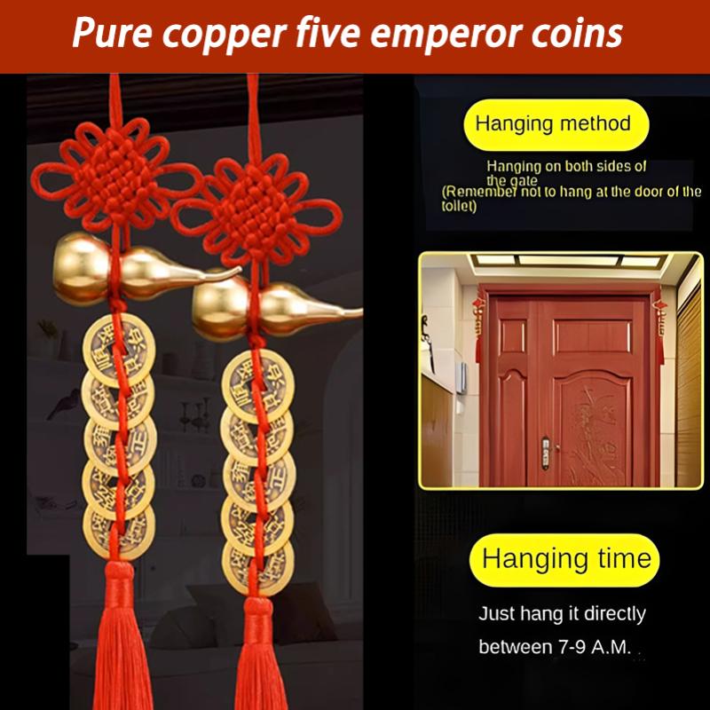 1PCS Handmade Brass Chinese Knot Five Emperor Coin Gourd A Household Door Hanging Car Accessories Gift