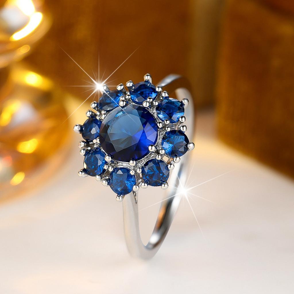 Simple and stylish white K Round sapphire blue diamond flower design ring Vintage versatile elegant index finger ring
