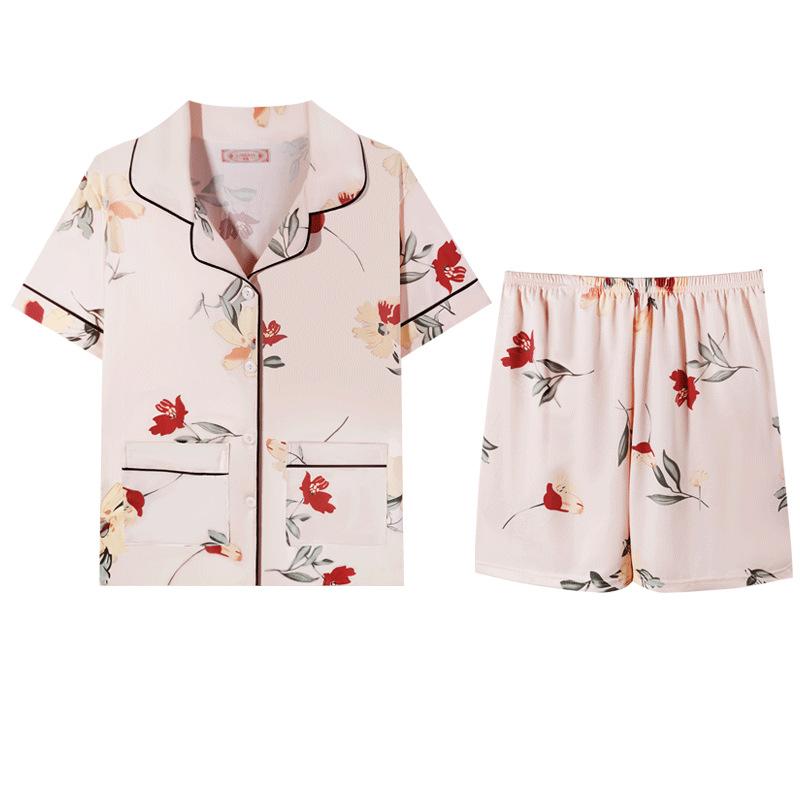Summer flower mother pajamas middle-aged women's suit cardigan short-sleeved shorts loose and comfortable high-end loungewear