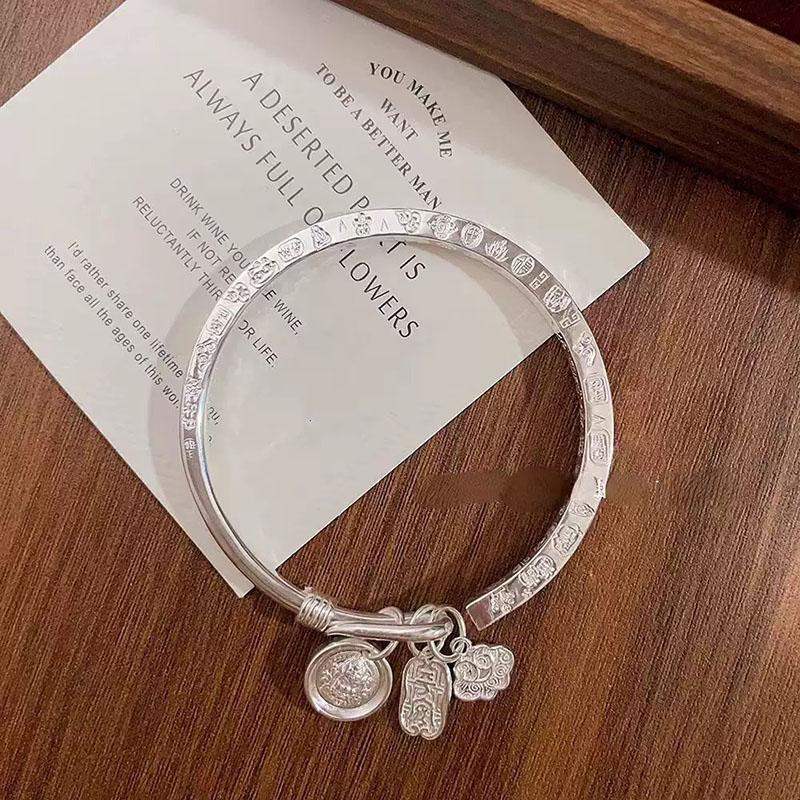 

Vintage Silver-plated Fu Character Bracelet New Ethnic Gourd Bell Open Design Concept Bangle Auspicious Ruyi Tassel Jewelry Gift серебряный