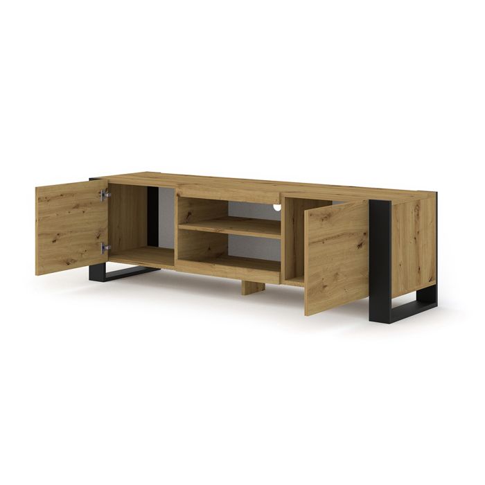 Meuble TV bas Mondi 158 cm Hi-Fi Commode avec pieds noirs Chêne artisanal