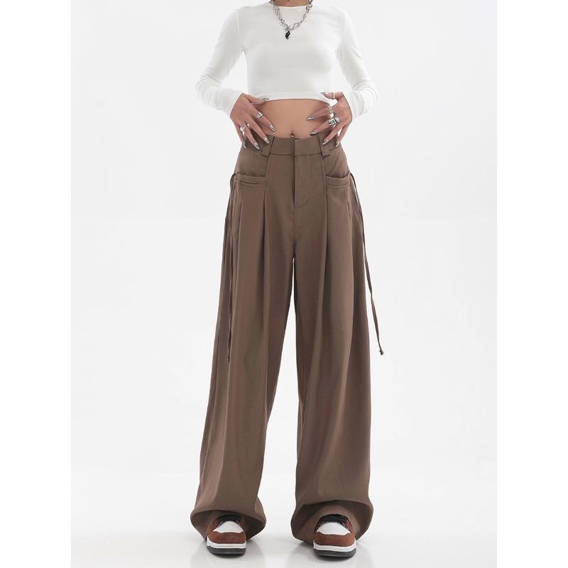 Hong Kong Style Retro Brown Wide Leg Suit Pants for Women In Spring and Autumn, Designed with A Sense of Maillard, with Straps and A Sense of Drape