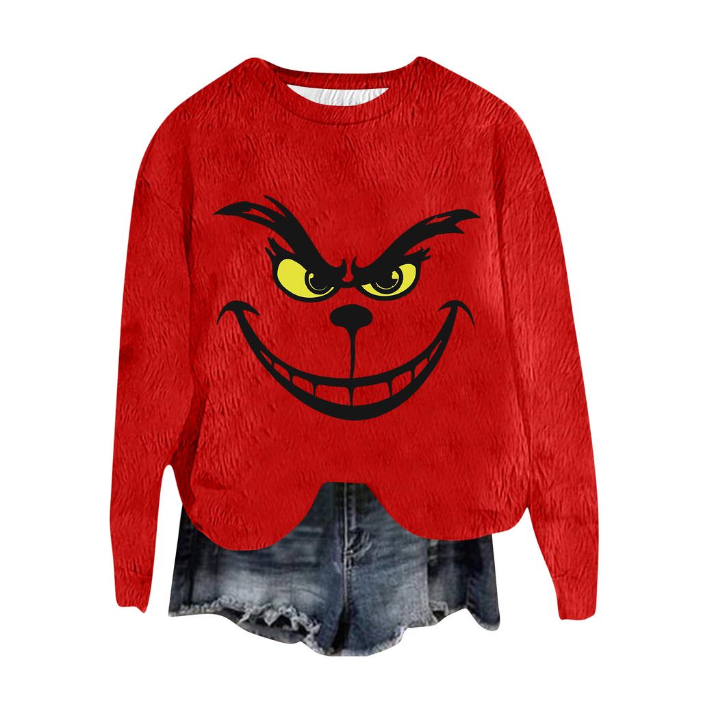 Women's Fashion Round Neck Pullover Top Long Sleeve Tee Christmas Printed Sweatshirt