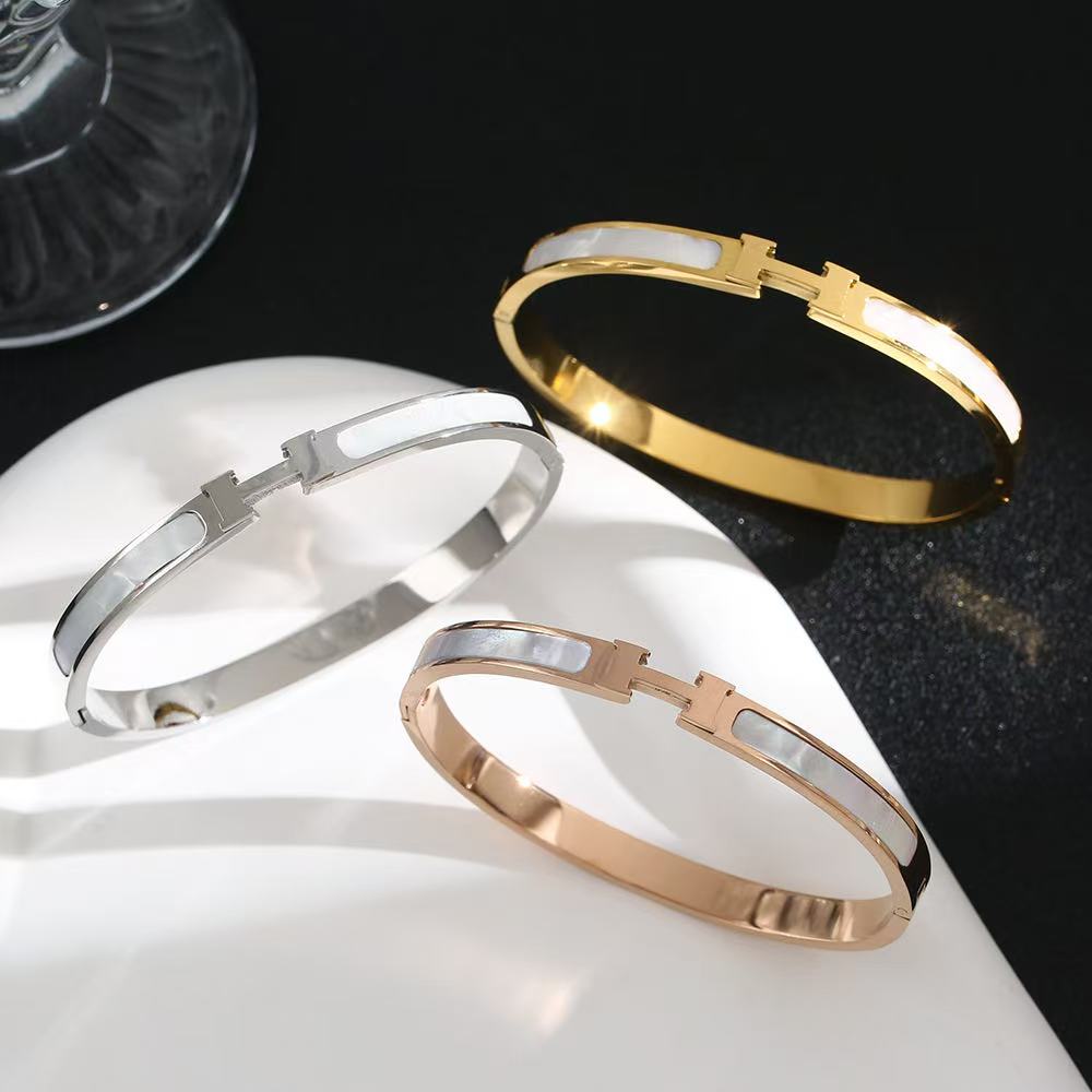 18K Gold Plated Stainless Steel H-Bangle with Mother of Pearl - Classic Design Bracelet for Women