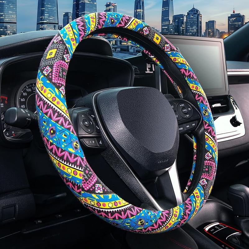 SEG Direct Boho Steering Wheel Cover With Baja Blanket Cloth, Ethnic Style Auto Wheel Cover Made Of Coarse Flax, Fits 14 1/2-15 1/4 Inches Car Wheel