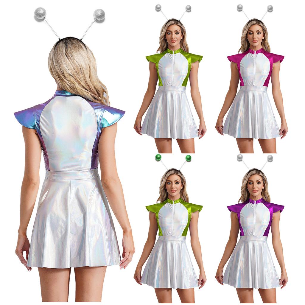 Womens Space Alien Costume Cap Sleeve Cutie Design Outer Space Theme Dress and Hair Hoop