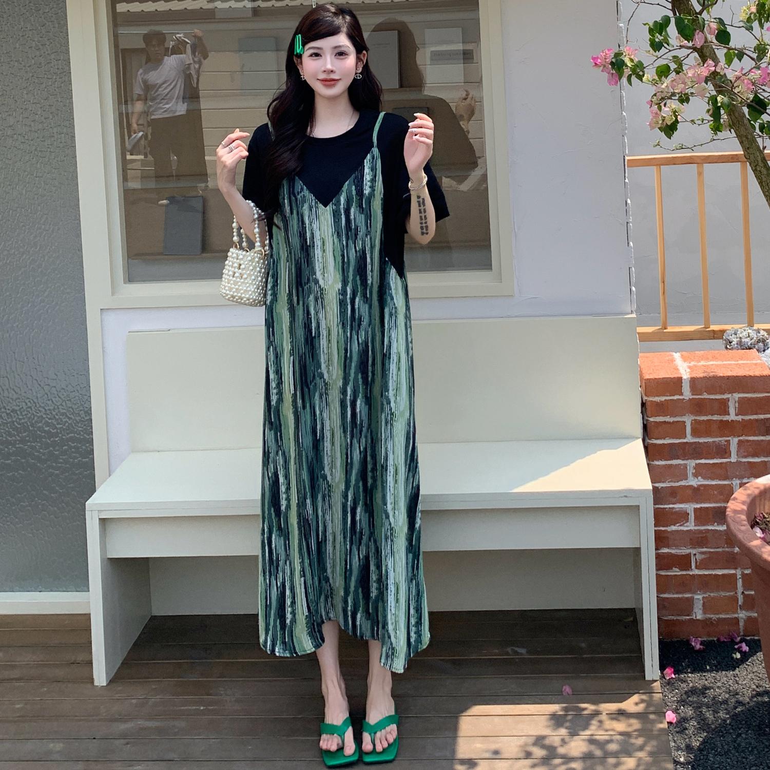 

DIMANAF 2025 Plus Size Dress Women Summer Vintage Fake Two-Piece Dress Basic Long Loose Casual Dress 3XL зелёный