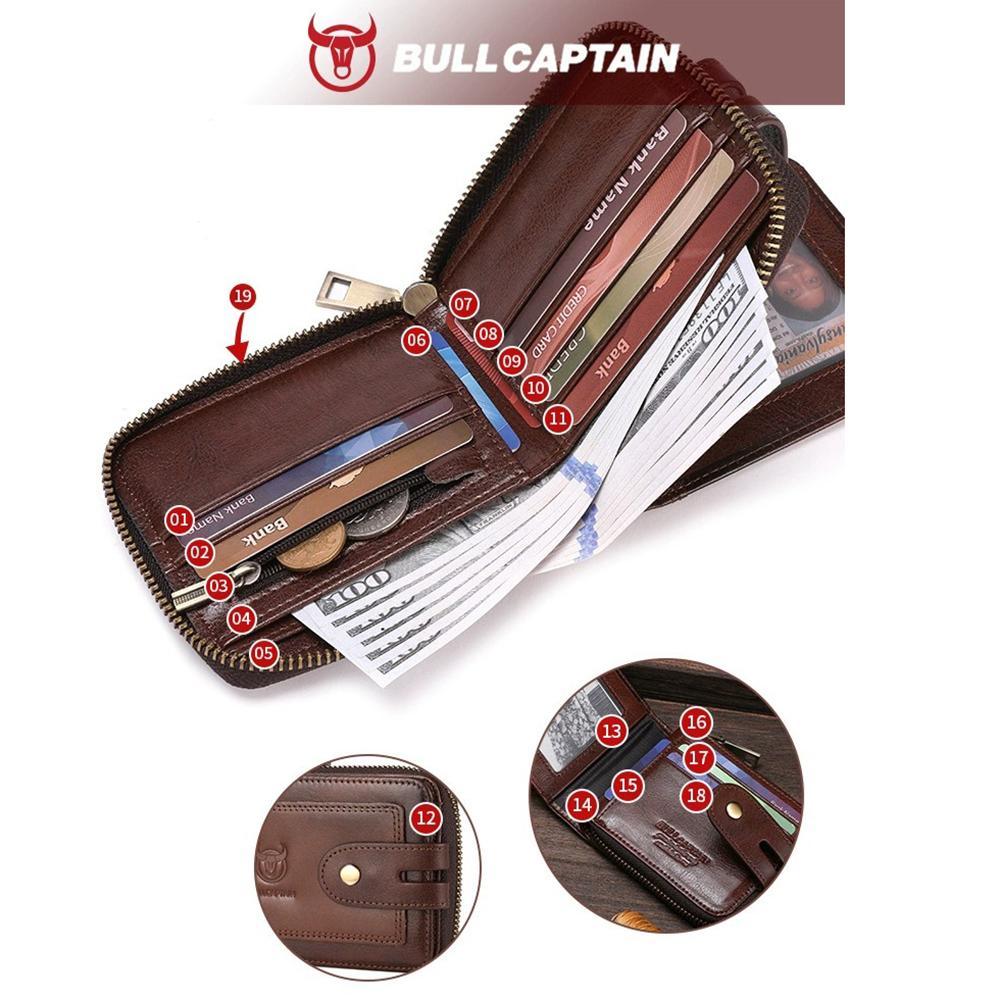 BULLCAPTAIN Men's Genuine Leather Short Zipper Wallet - Multi-Function Organizer with ID Card Holder | Premium Vintage Style