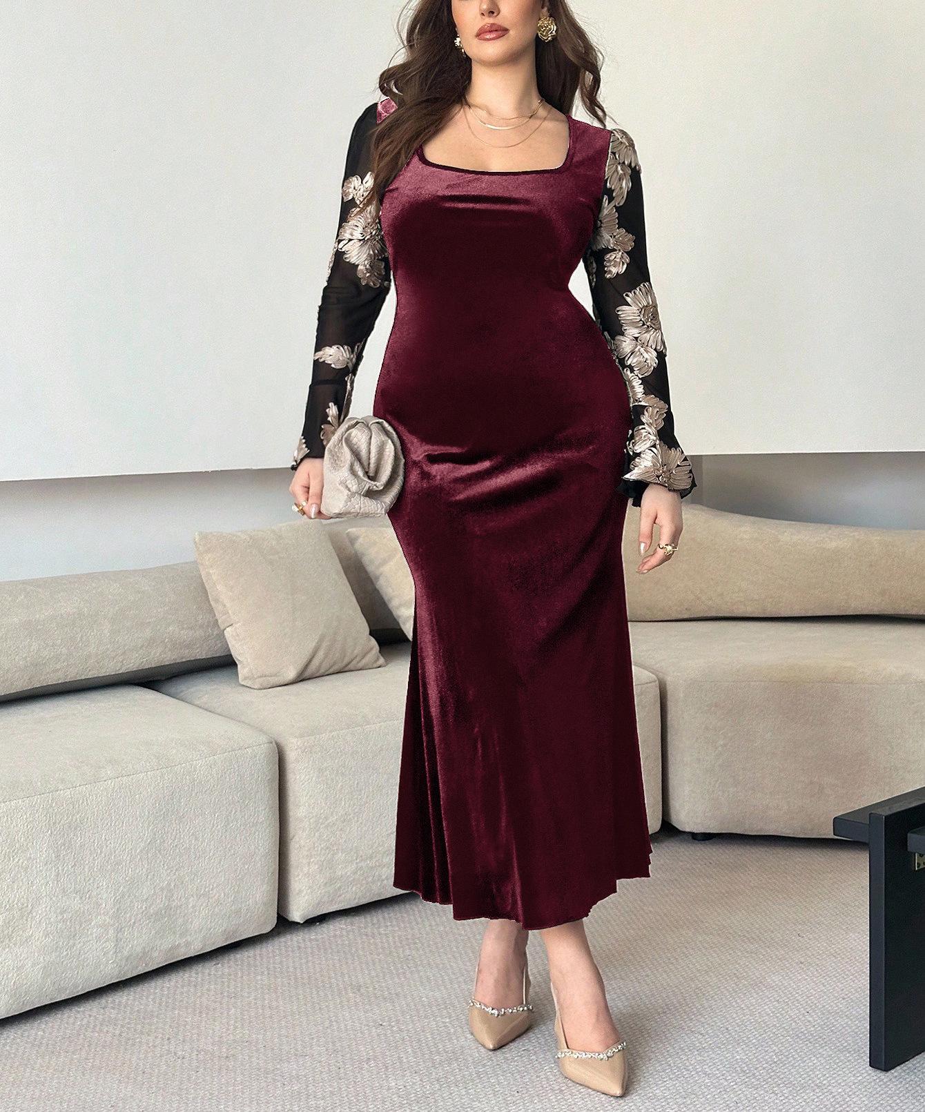 

In Stock: Elegant Autumn Velvet Fishtail Dress with Square Neck 2XL вино красного